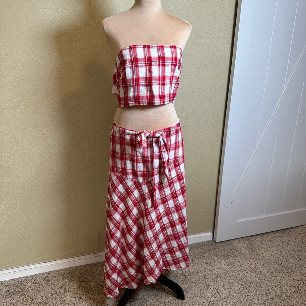 Free People Red and White Plaid Skirt Set